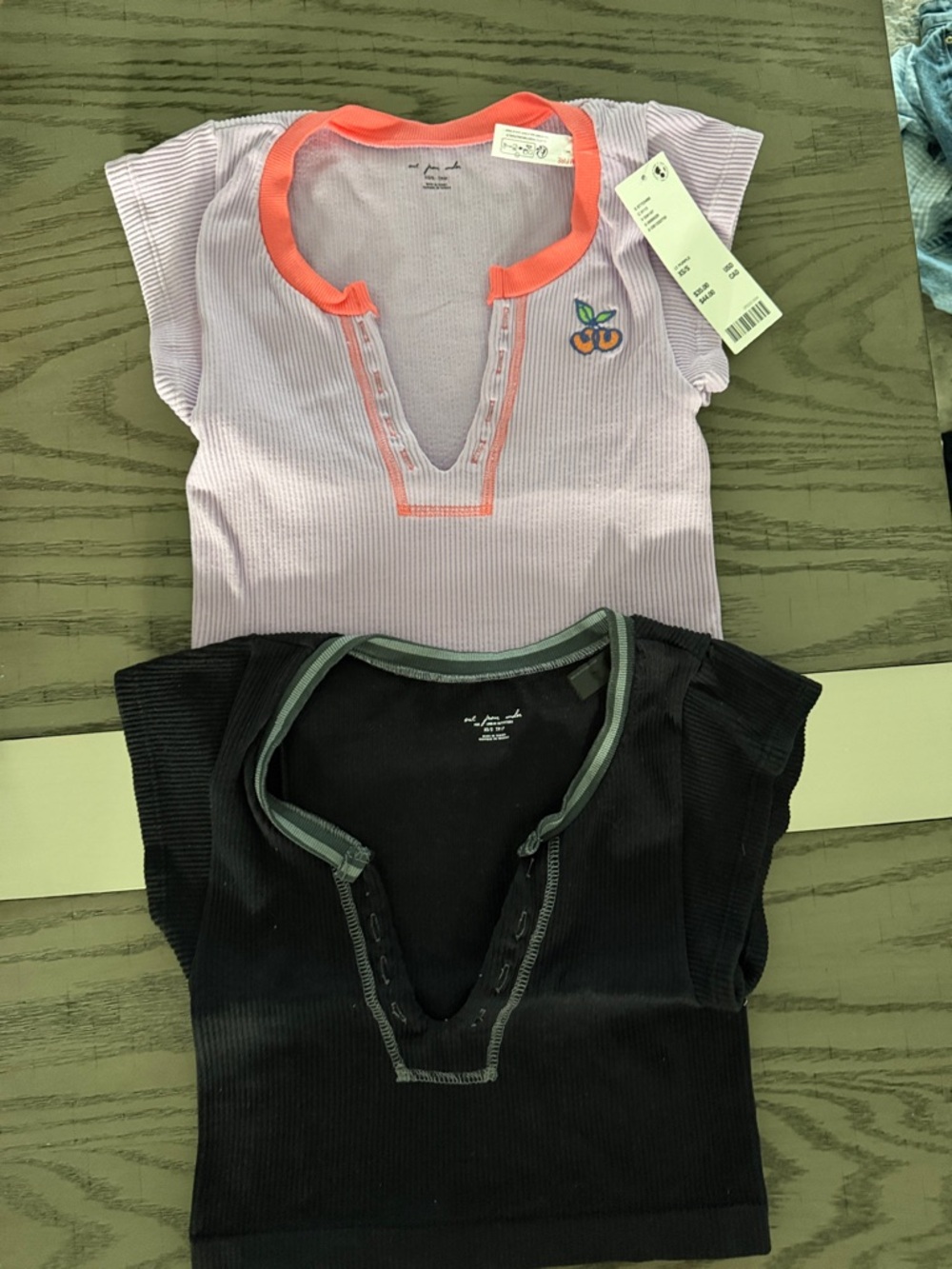 Out from Under Lavender Tee with Coral Trim & Black Ribbed Top Duo